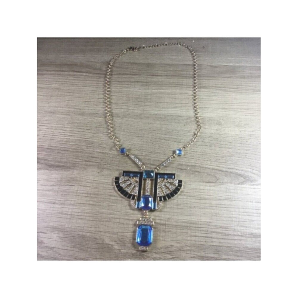 Bohemian Egyptian Elegant Blue and Gold Rhinestone Winged Statement Necklace